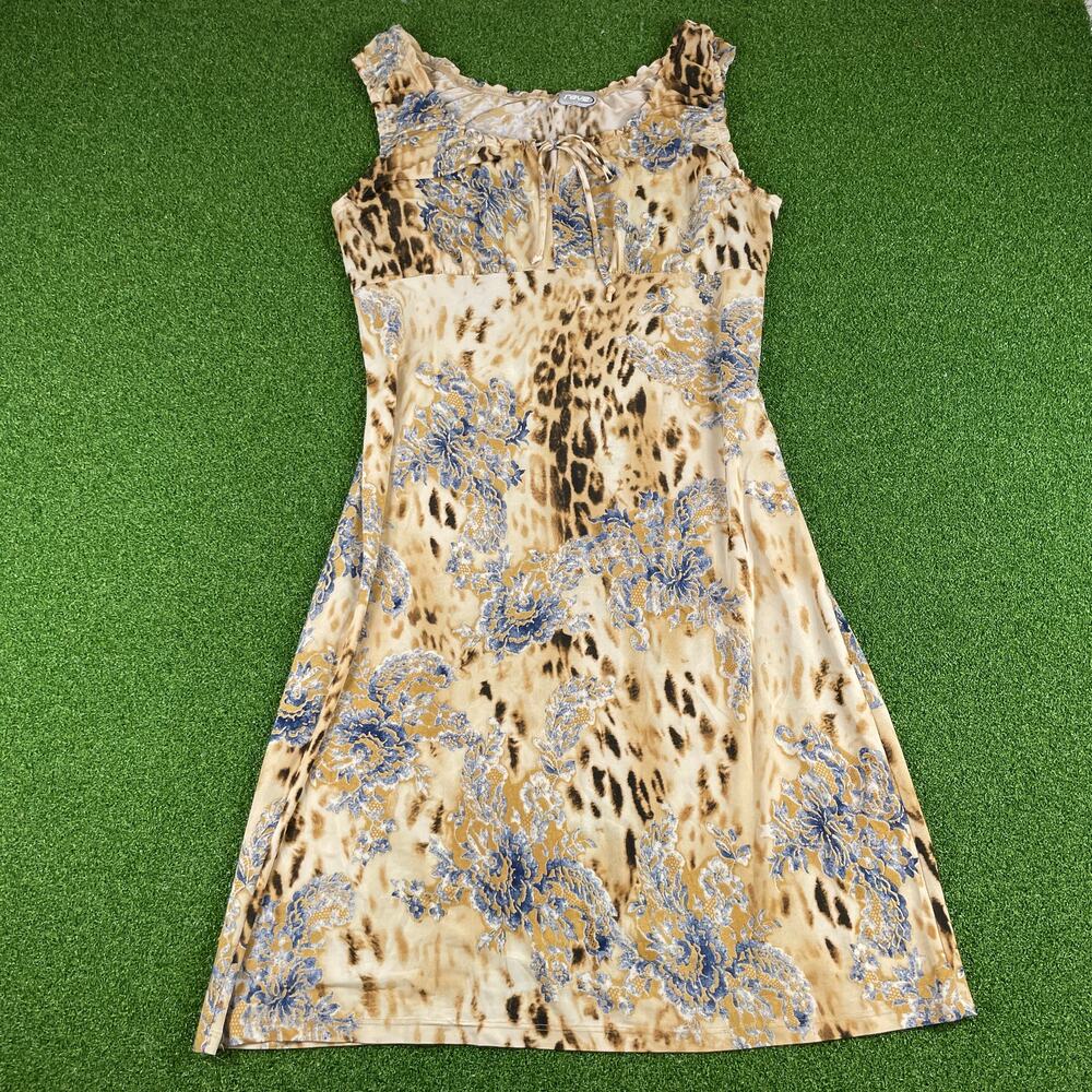 Vintage 90s Y2K Rave Cheetah Floral Print Peasant Midi Dress Sz XL
